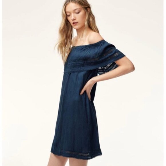 Wilfred Aritzia Emmie Mini Dress Lace Off the Shoulder Eyelet Blue boho chic 2XS - Picture 7 of 16